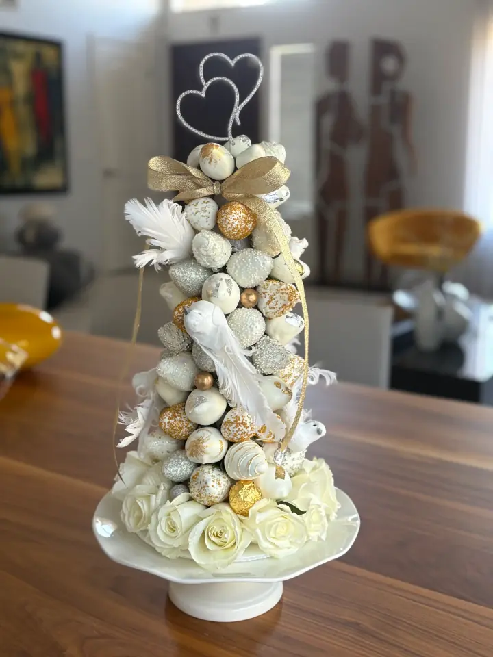 White & gold wedding strawberry tower